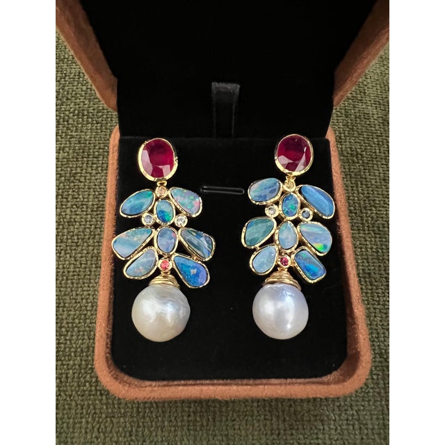 Bochic "Orient" Vintage Ruby, Opal & Sapphires Earrings Set 18K Gold & Silver For Sale - Image 9 of 18