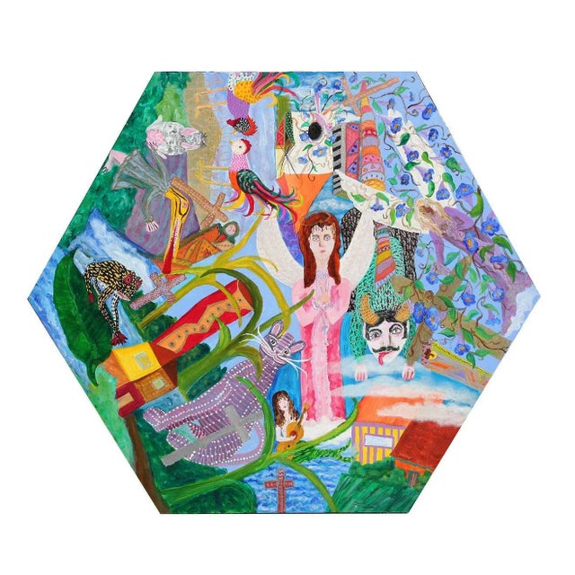 Textile Carolyn Oliver "Celebration of Life" Colorful Abstract Figurative Hexagon Canvas Painting 2004 For Sale - Image 7 of 7