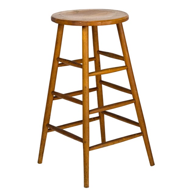 Brown Vintage 1940s Pair of (2) 29.25" Tall Wood Artist Studio Stools For Sale - Image 8 of 18