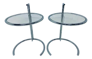 Eileen Gray E 1027 Style Adjustable Chrome and Glass Side Tables - a Pair