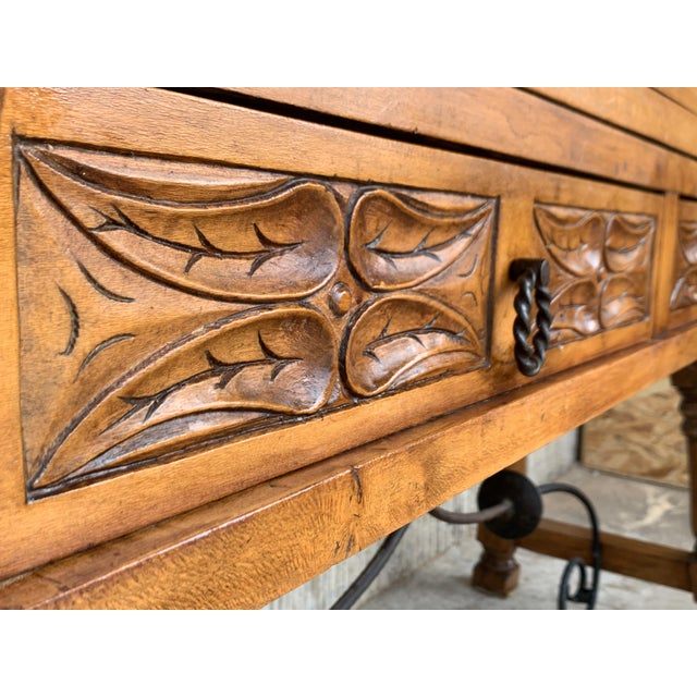 Early 20th Spanish Console Fold Out Table With Iron Stretcher and Two Drawers For Sale - Image 10 of 13