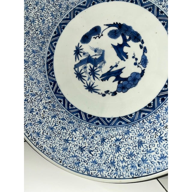 Antique 16" Blue and White Plate With Detailed and Intricate Hand Painting Pine and Plum Design For Sale - Image 10 of 18