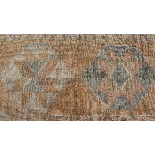 Tribal Medallion Vintage Turkish Oushak Runner in Orange, Blue and Cream For Sale - Image 4 of 11