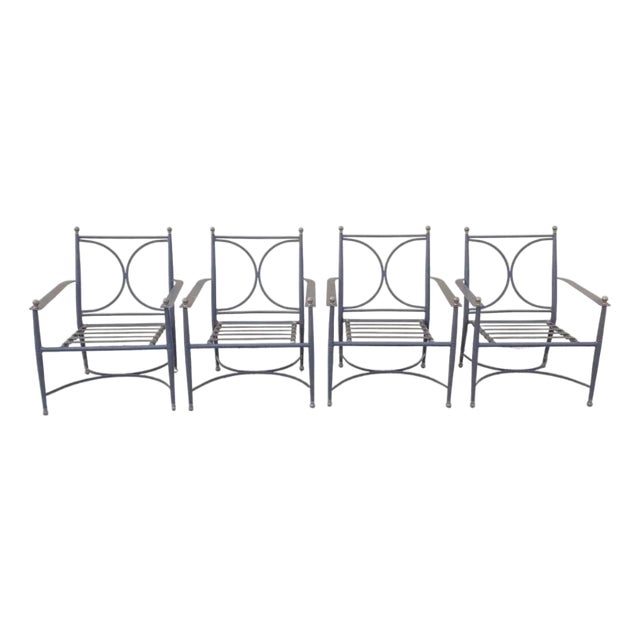 Neoclassical Regency Aluminum & Steel Metal Outdoor Patio Arm Chair - Set of 4 For Sale