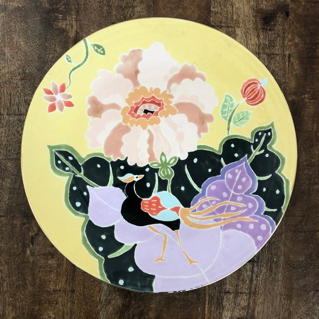 Canary Yellow Early 21st Century Jill Rosenwald Neiman Marcus Hand Made Art Deco Style Colorful 14” Wall Hanging Charger With Peacock For Sale - Image 8 of 9