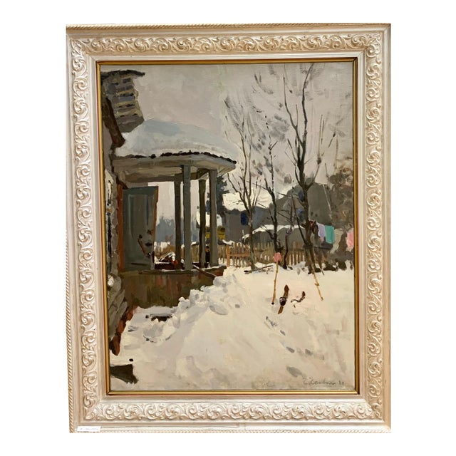 Gleb Savinov, Dacha in Winter, 1980, Oil on canvas For Sale