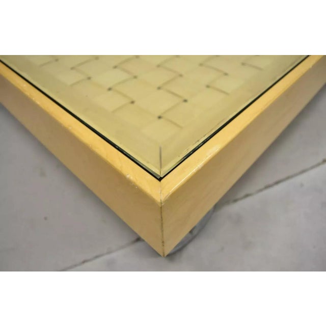 Modern Basketweave Factory Cart Coffee Table on Wheels With Glass Display Top For Sale In Philadelphia - Image 6 of 12