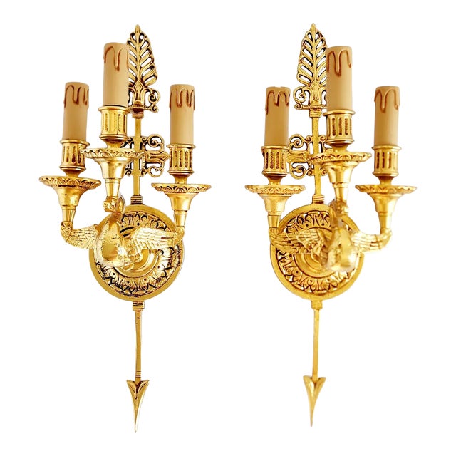 French Empire Style Swan Motif Gilt Bronze Wall Sconces - A Pair For Sale