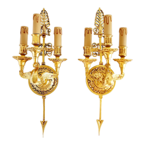 French Empire Style Swan Motif Gilt Bronze Wall Sconces - A Pair