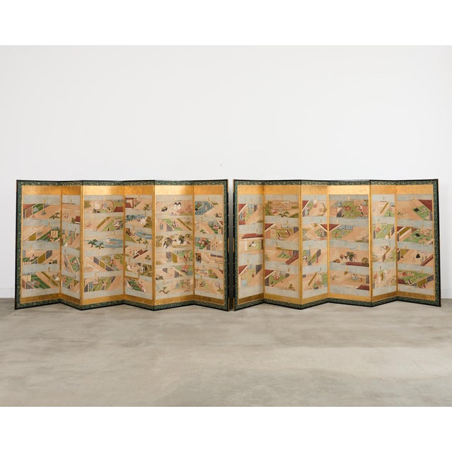 Incomparable pair of late 18th-century Japanese Edo-period folding six-panel byobu screens depicting all 54 chapters of...