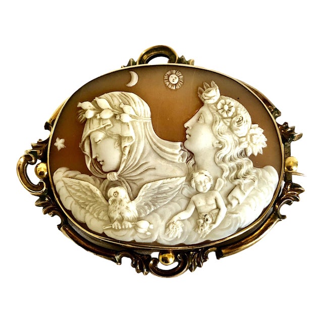 Antique Shell Cameo Brooch Depicting Mythological Night and Day, With Original Case For Sale