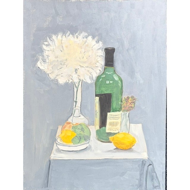 Mid-Century Modern Original Still Life Painting - A Flower, Lemons, and Wine For Sale - Image 3 of 7