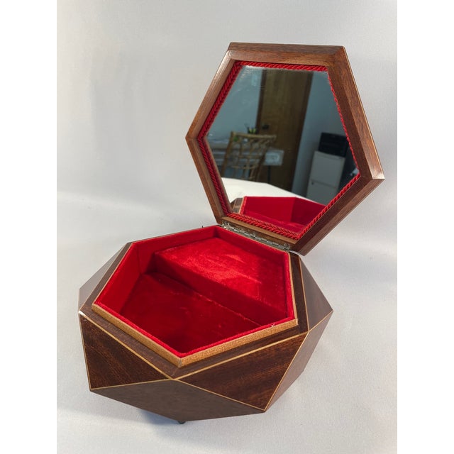 Brown 1970s Italian Hexagon Marquetry Musical Jewelry Box For Sale - Image 8 of 12