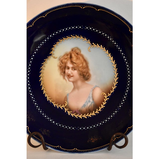 Late 19th Century Antique Vienna Style Cobalt Blue Porcelain Cabinet Portrait Plate Hand Painted For Sale - Image 5 of 13