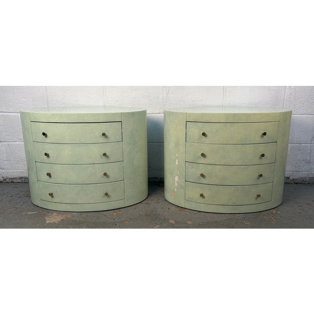 Vintage Art Deco–Style Oval Four-Drawer Nightstands, featuring a striking curved silhouette, soft green painted finish,...