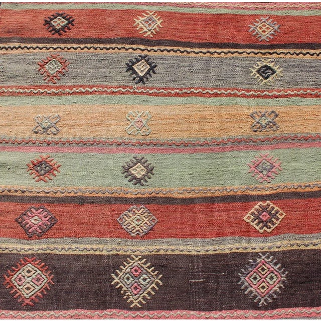 Red Colorful Vintage Embroidered Kilim Runner With Stripe's and Geometric Prints For Sale - Image 8 of 13