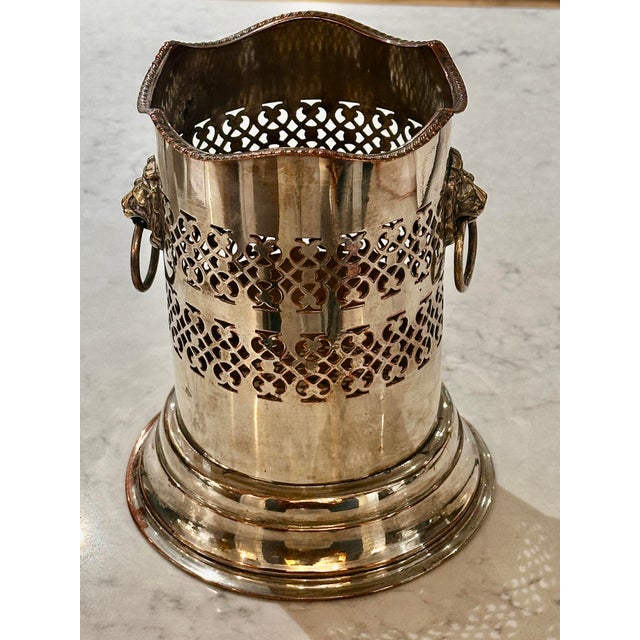 Antique Silver Plate Pierced Wine Bottle Holder With Lion and Ring Handles For Sale In Savannah - Image 6 of 11