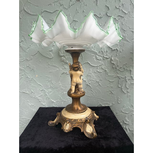 Vintage Bohemian Style Opal Glass Tazza With Green Trim on Cherub Pedestal Base For Sale - Image 9 of 12