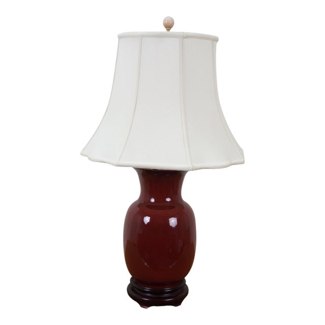 Late 20th Century Chinese Chinoiserie Oxblood Red Porcelain Mantel Vase Urn Table Lamp 34" For Sale