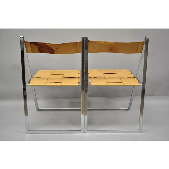 Tan 1960s Fontoni & Geraci Italian Modern Chrome & Leather Elios Folding Chairs- a Pair For Sale - Image 8 of 12