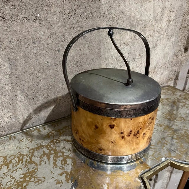 For your consideration, a 1960s Italian vintage burl wood silver plated ice bucket. Made Italy. After Milo Baughman....