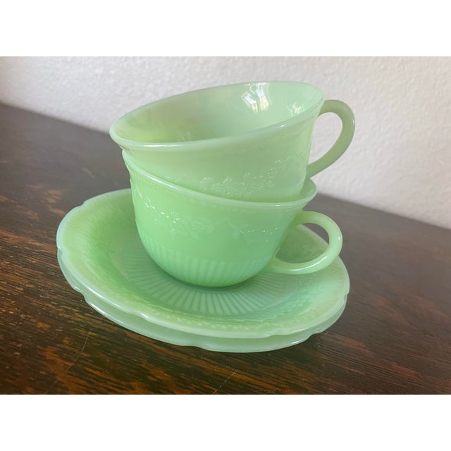 Mint Vintage 1940’s Jadeite Pair “Alice” Floral Green Milk Glass Teacups With Plates! - 4pcs For Sale - Image 8 of 11