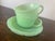 Mint Vintage 1940’s Jadeite Pair “Alice” Floral Green Milk Glass Teacups With Plates! - 4pcs For Sale - Image 8 of 11