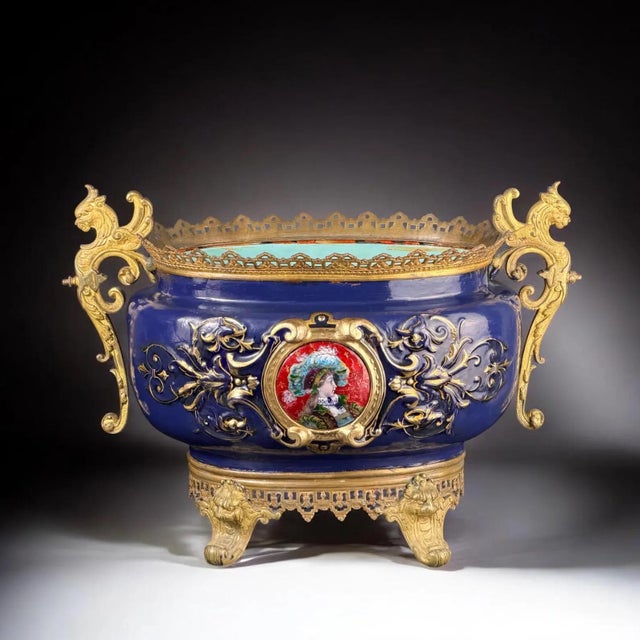 Large Bronze-Mounted Jardiniere with Glass Portrait Medallion by Édouard Gilles For Sale - Image 17 of 17