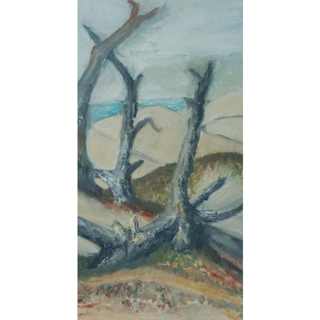 Beautiful mid century coastal landscape painting of driftwood at the beach by California artist Genevieve Rogers...