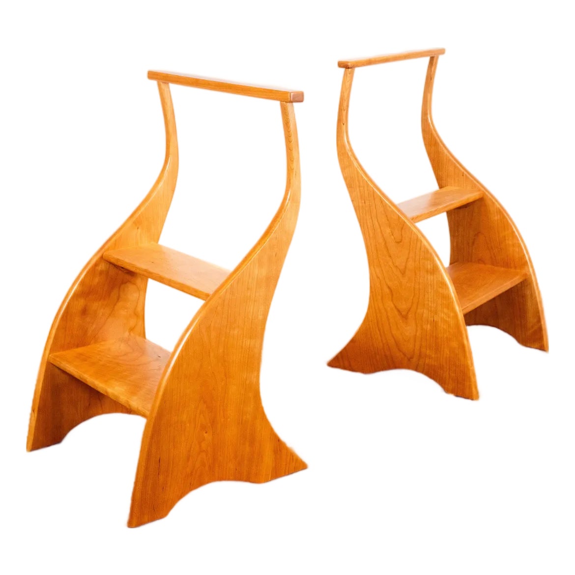 American Studio Cherry Wood Sculptural Library Steps Stool | Chairish