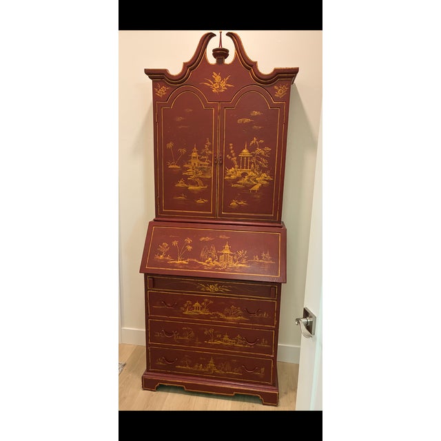 18th C Style Two Word Arts Red Chinoiserie Secretary Desk Bookcase (2 Pieces) With Custom Paint For Sale - Image 9 of 13