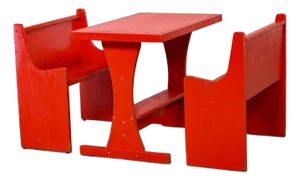 Early to Mid-20th Century Rustic Red Children’s Hand Crafted Wood Diner Style Table & 2 Benches Set
