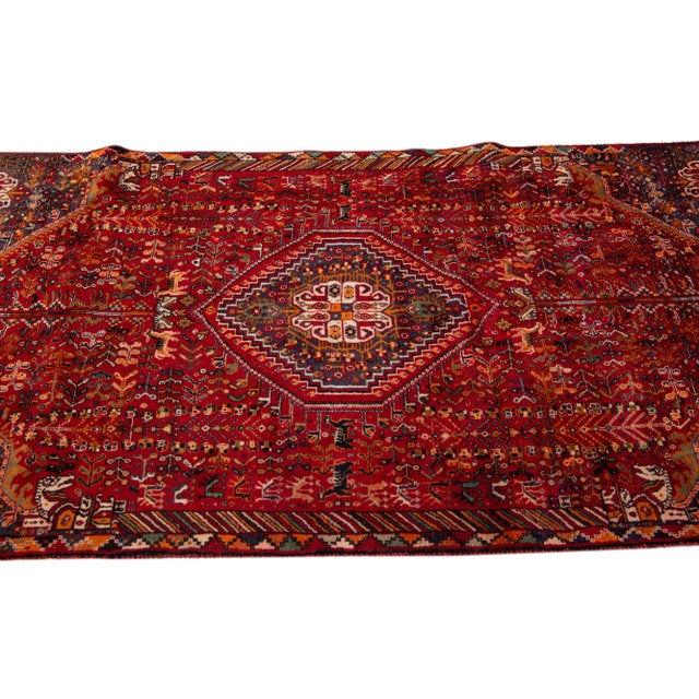 1960s 1960s Vintage Persian Shiraz Handmade Red Medallion Wool Rug For Sale - Image 5 of 7