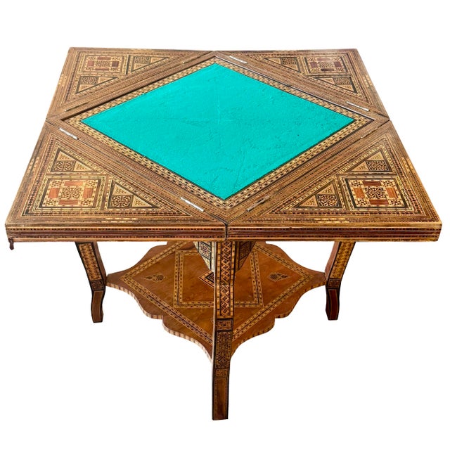 Vintage Marquetry Wood Inlay With Mother of Pearl Folding Game Table For Sale - Image 9 of 18