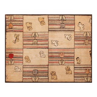 1920s Tan Beige Animalia Folk Art Antique American Hooked Rug 3' 0" X 4' 0" Handknotted Wool Carpet For Sale