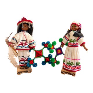 Vintage Native 2 Set Traditional Mexican Huichol Hand-Decorated Dolls -14 Inches For Sale