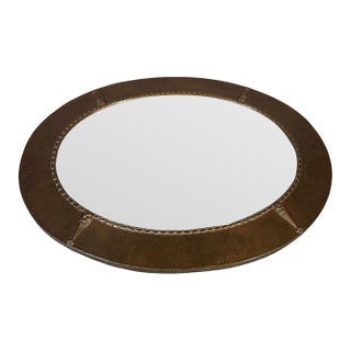 Arts and Crafts Style Oval Wall Mirror, Hammered Metal Frame With Strapwork Mounts For Sale