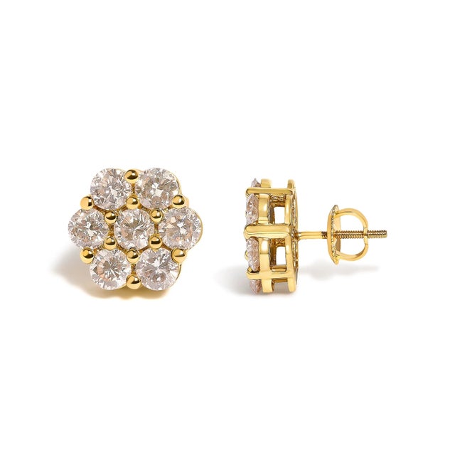 Contemporary 14K Yellow Gold 3.0 Cttw Diamond Floral Cluster Stud Earring For Sale - Image 3 of 5