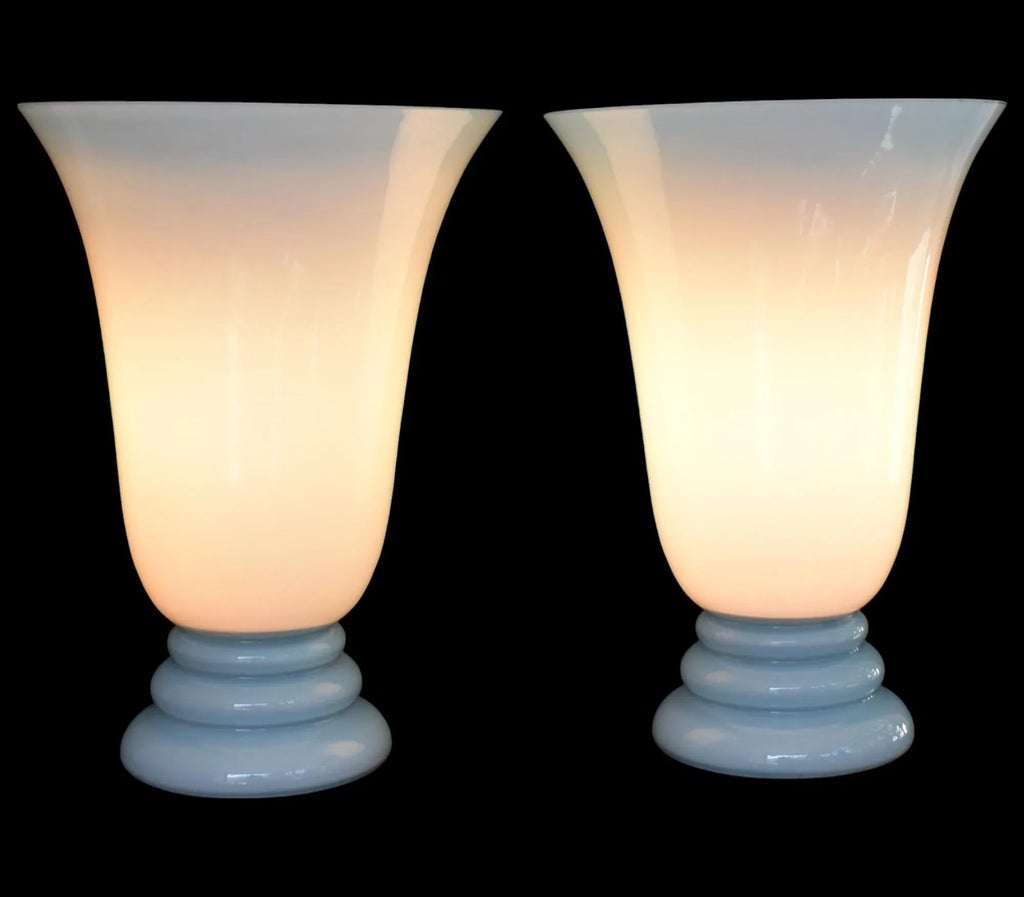 Vintage 80s CVV Vianne Blue Cased Glass Urn Lamp - Set of Two