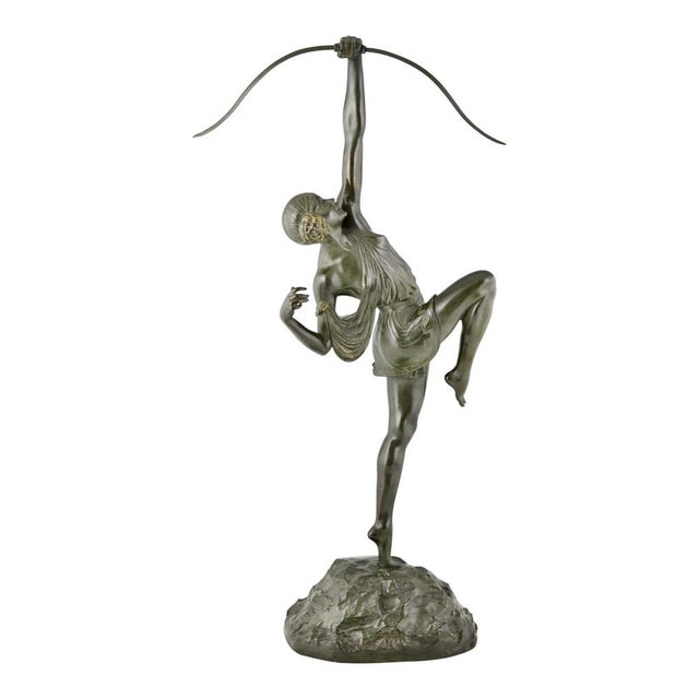 Green Pierre Le Faguays, Art Deco Diana with Bow, 1925, Bronze For Sale - Image 8 of 12