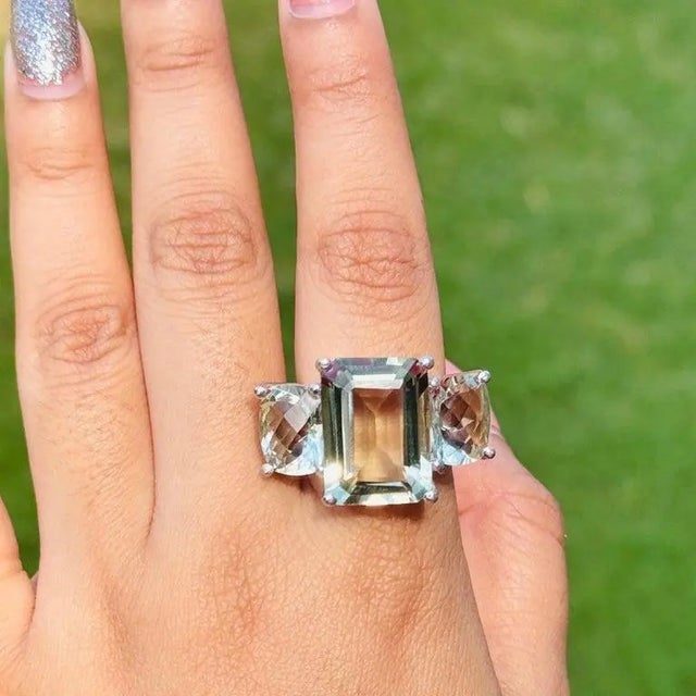 Natural Faceted Green Amethyst Three Stone Ring- Size 8 For Sale - Image 4 of 8