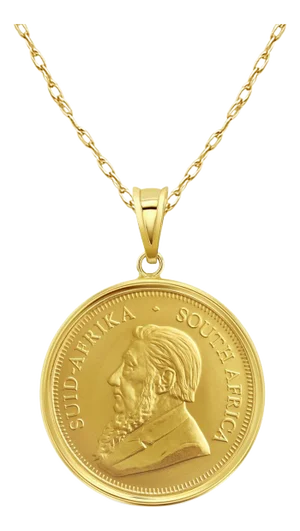 1OZ Fine Gold South African Krugerrand Coin Necklace with Polished Bezel 16"