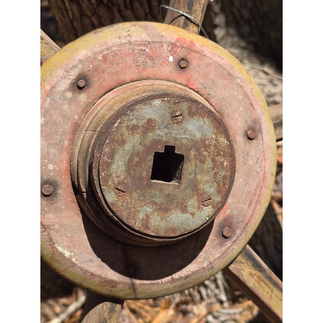 Large Industrial Wooden Pulley Wheel With Vintage Stenciled Lettering — 30” For Sale - Image 4 of 10