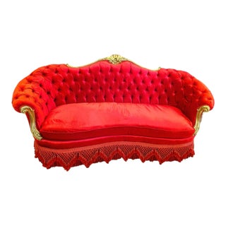 Grand French Victorian Three-Seat Red Velvet Sofa With Hand-Carved Gold Leaf Frame For Sale