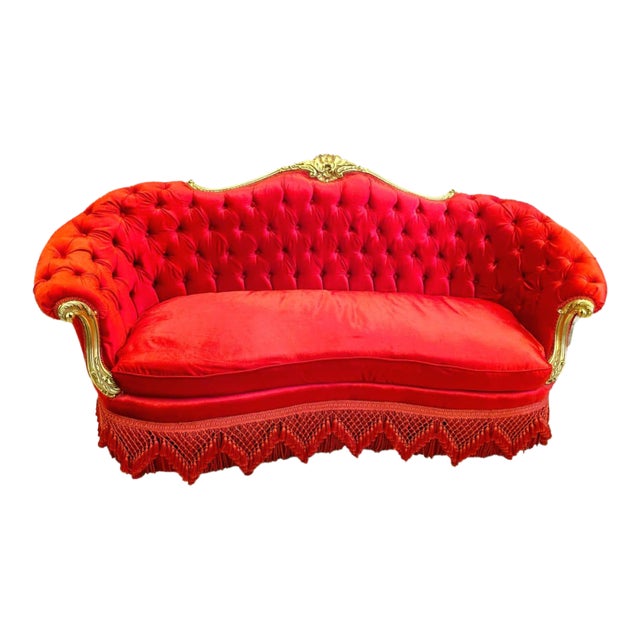 Grand French Victorian Three-Seat Red Velvet Sofa With Hand-Carved Gold Leaf Frame For Sale
