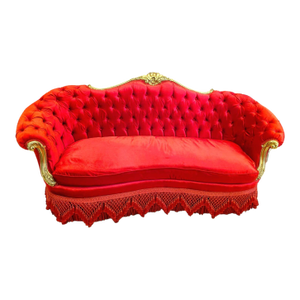 Grand French Victorian Three-Seat Red Velvet Sofa With Hand-Carved Gold Leaf Frame