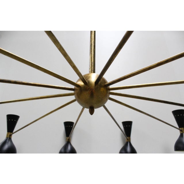 Mid-Century Modern Large Italian Minimalist Brass Chandeliers in the Style of Stilnovo, 1950s, Set of 2 For Sale - Image 3 of 15