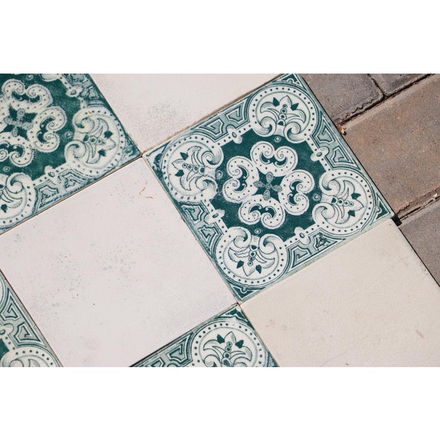 1920s Portuguese Art Deco Tiles Set of 32 Large Green & White Antique Decorative Tiles For Sale - Image 13 of 18