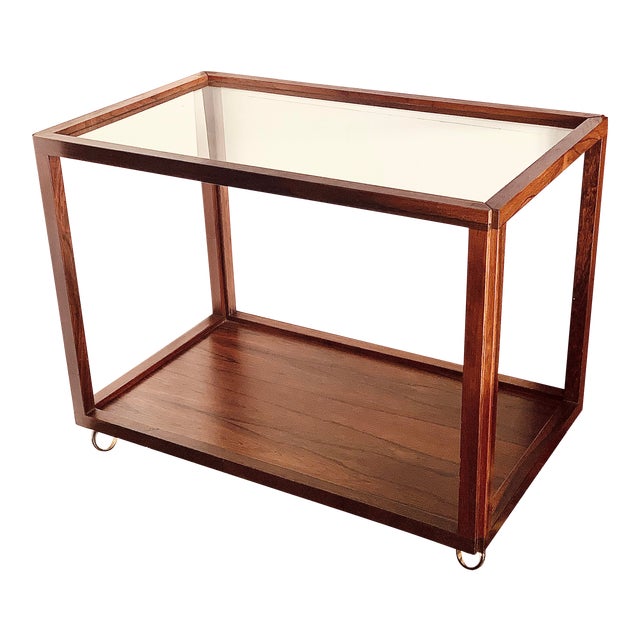 'Joaquim Tenreiro Style' Mid-Century Modern Brazilian Rosewood and Glass Rolling Bar Cart, Side Table For Sale