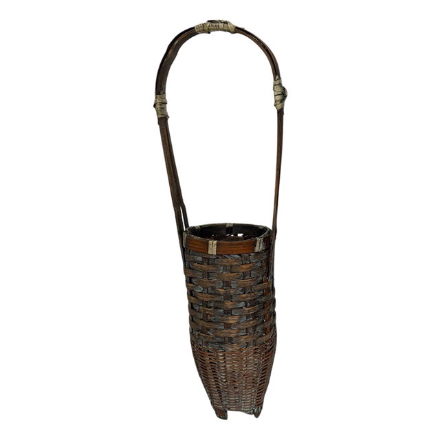 Vintage Asian Woven Bamboo Wine Caddy Basket For Sale